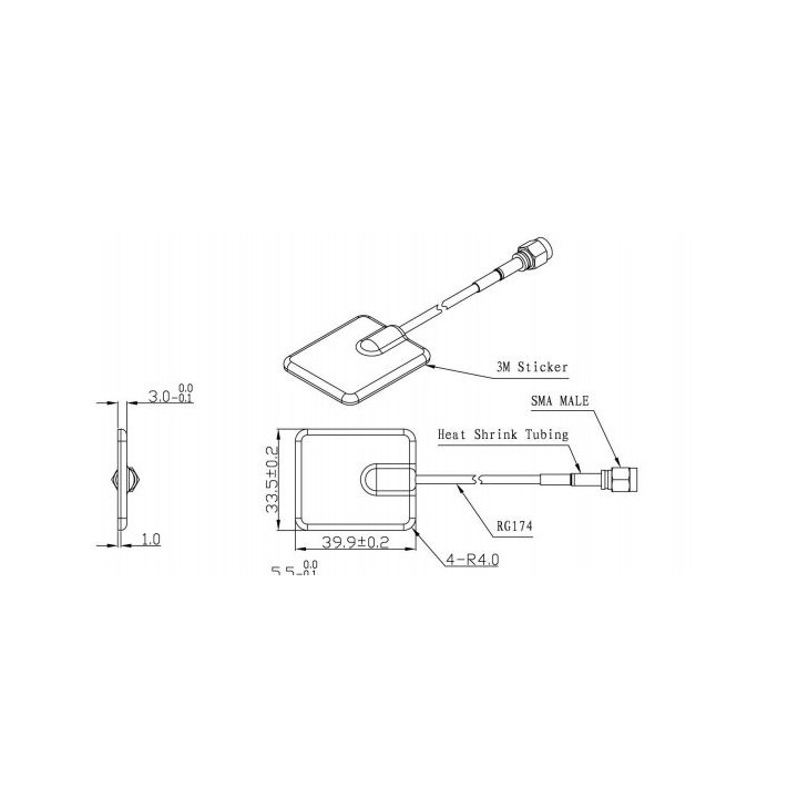 GSM 3G LTE 2dBi flat glued antenna SMA X17 plug